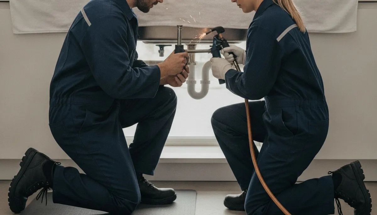 Redding, CA plumber repairing a residential pipe leak for fast home plumbing service