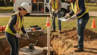 Redding, CA septic repair technician inspecting a home drain line for slow drain service