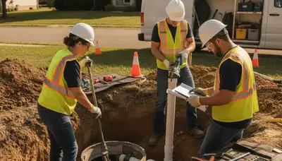 Septic repair technician inspecting drain field in Redding, CA for a plumbing service call