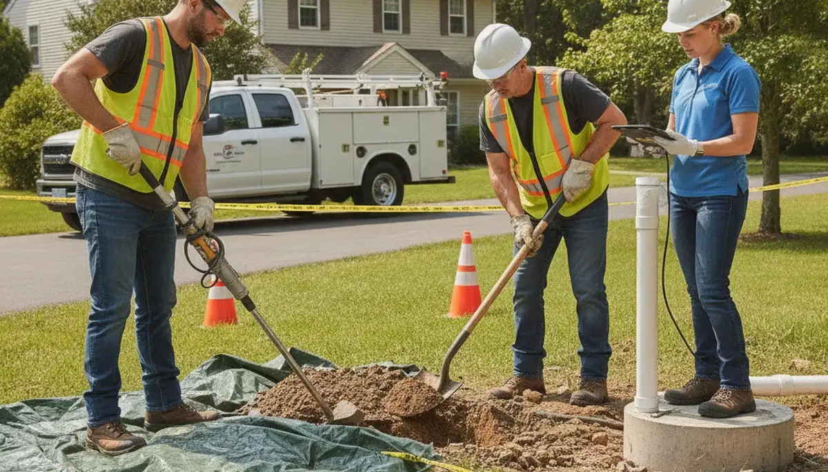 Septic repair technician inspecting drain field in Redding, CA for a plumbing service call