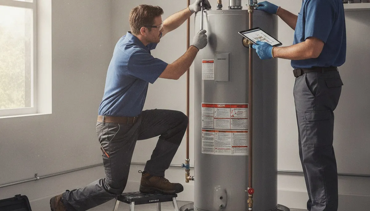 Professional plumber repairing a water heater for a Redding, CA home